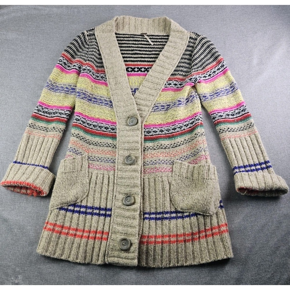 Free People Cardigan Womens Medium MultiColor Striped Sweater Knit Pockets